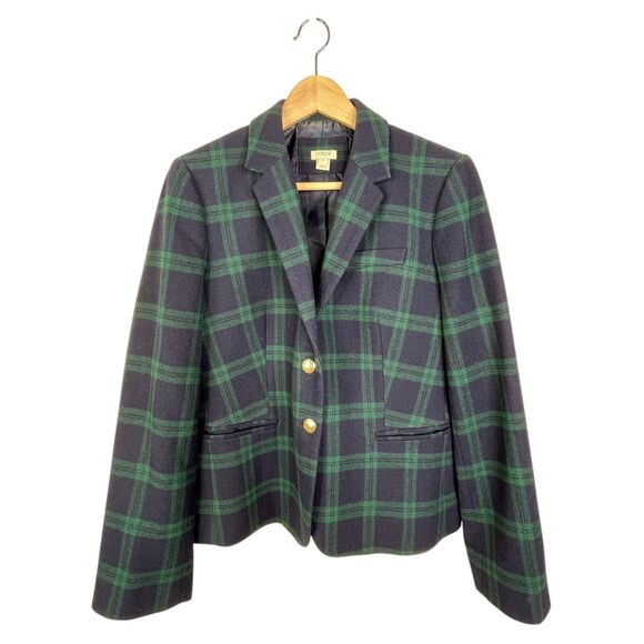 J. Crew Black Watch Plaid Schoolboy Blazer Blue Green Sz 12 Wool Blend - Picture 2 of 15